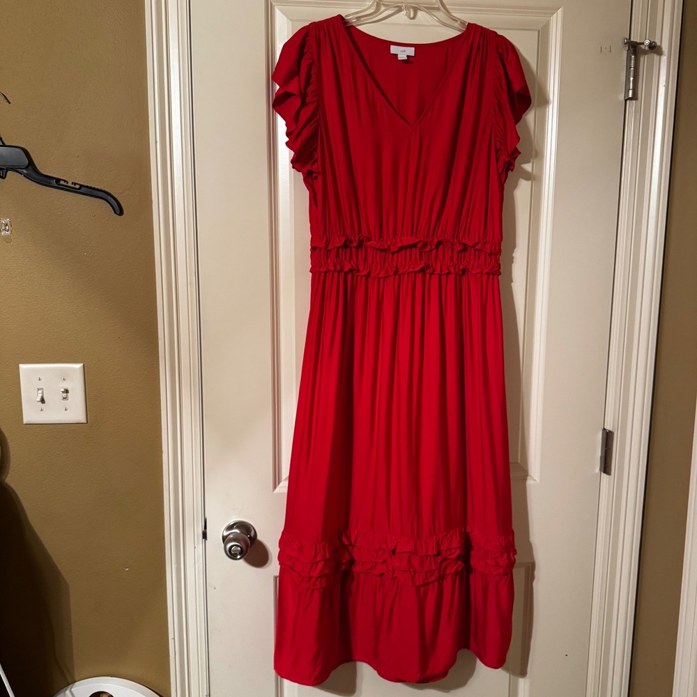 J. Jill Red Flutter Sleeve Ruffle Waist Tiered Midi Dress Womens Size Medium - Picture 2 of 8
